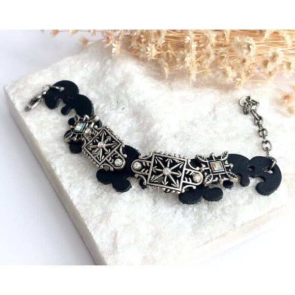 Jewelry - Faux Black Leather Boho Gemstone Silver T Adjustable Vintage Bracelet - 7" - 9"